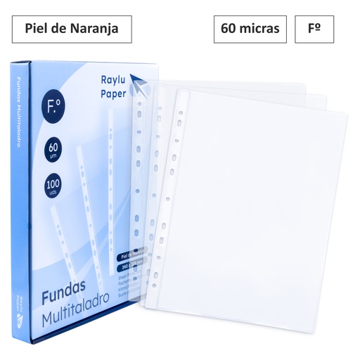 [181165] FUNDAS MULTITALADRO PIEL NARANJA FOLIO 90 MICRAS (100 UNIDADES, TRANSPARENTE CRISTAL) RAYLU